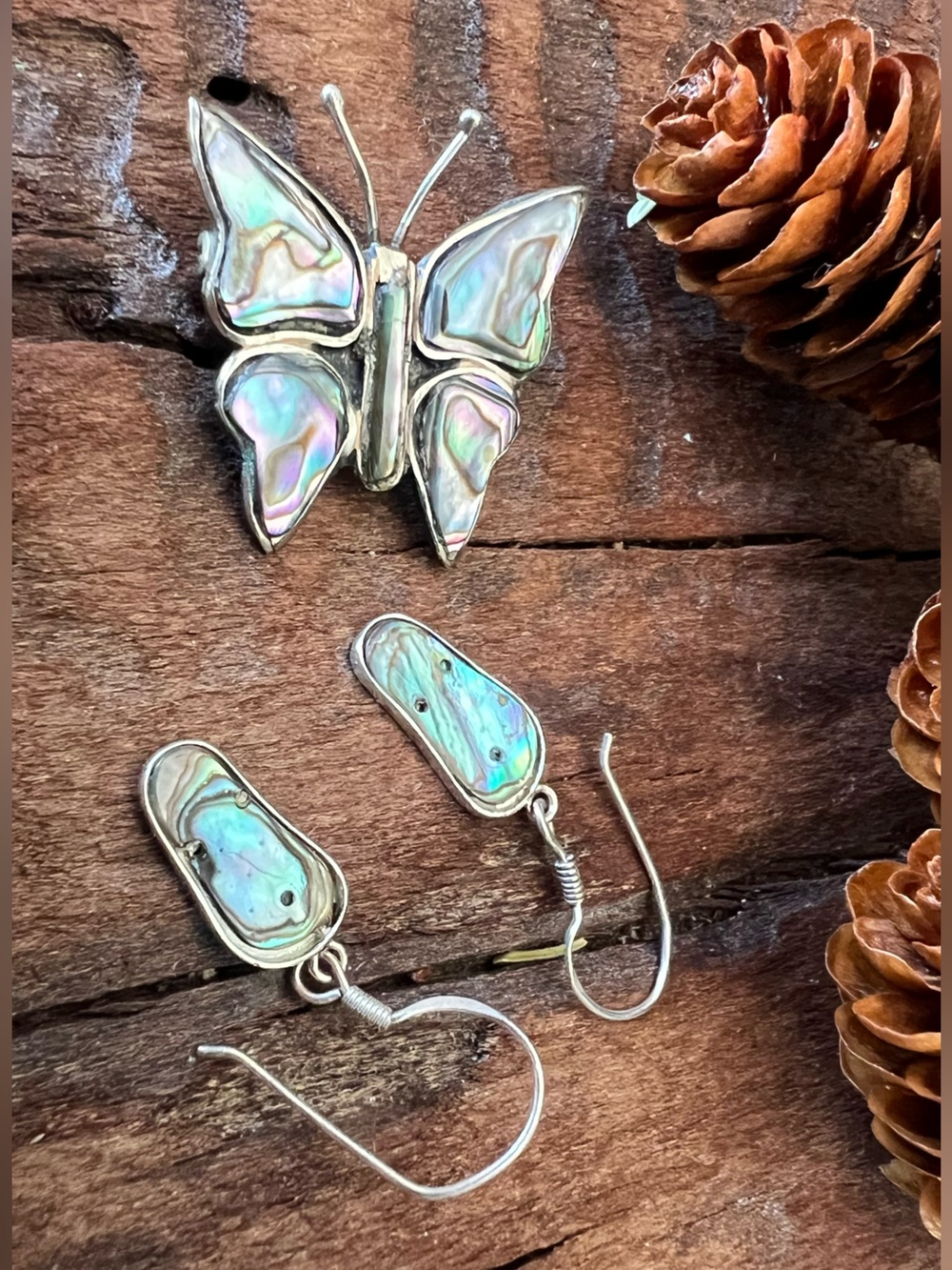 Sterling Silver Abalone Inlay Earrings & Butterfly Brooch Alpaca Set Iridescent